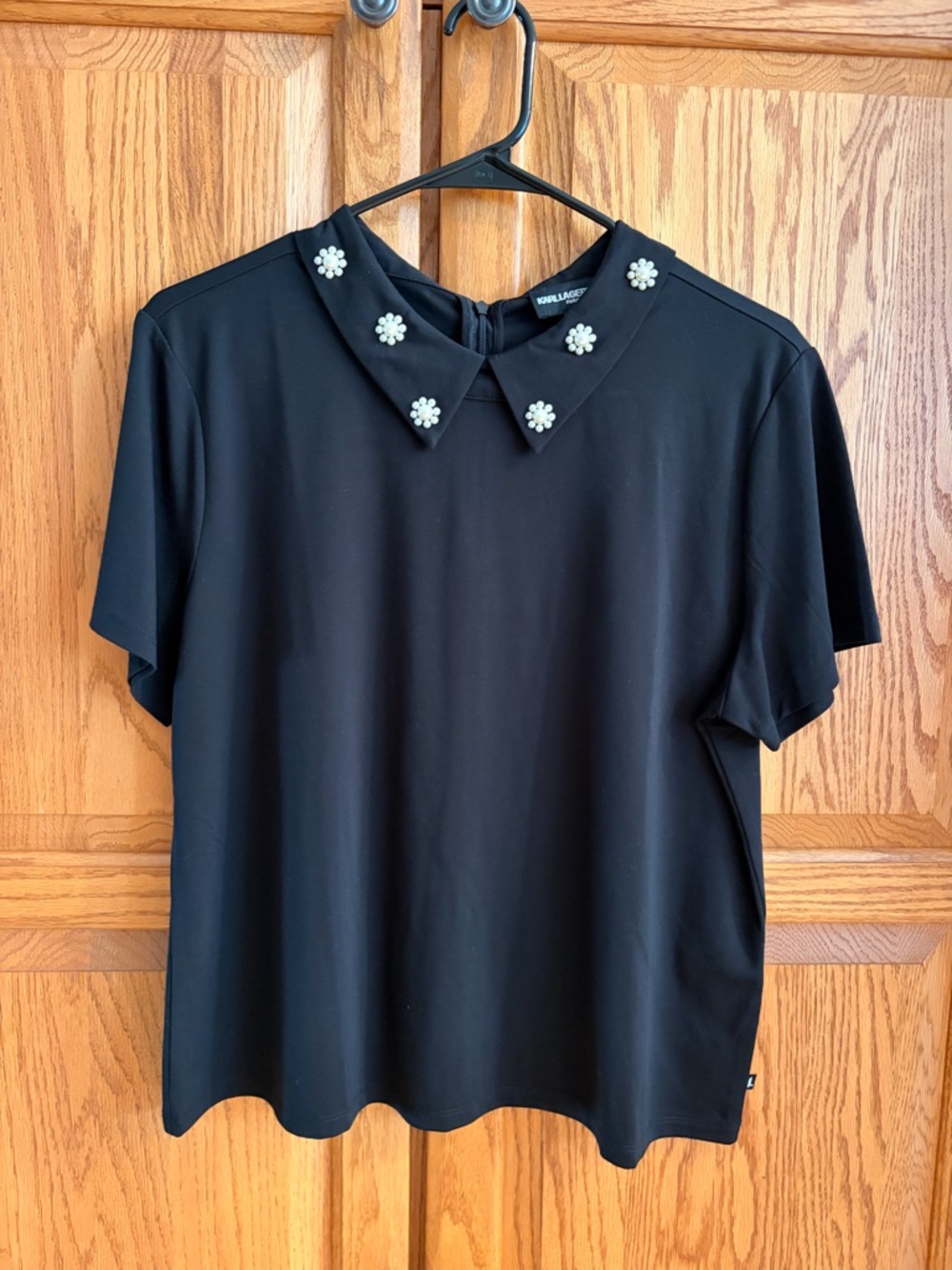 Karl Lagerfeld Black Short Sleeve Top with Pearl Flower Collar